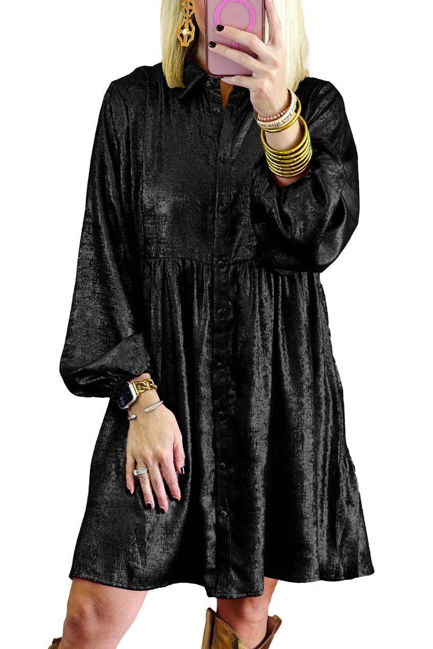 Diana - metallic zwart - mini-jurk met pofmouwen