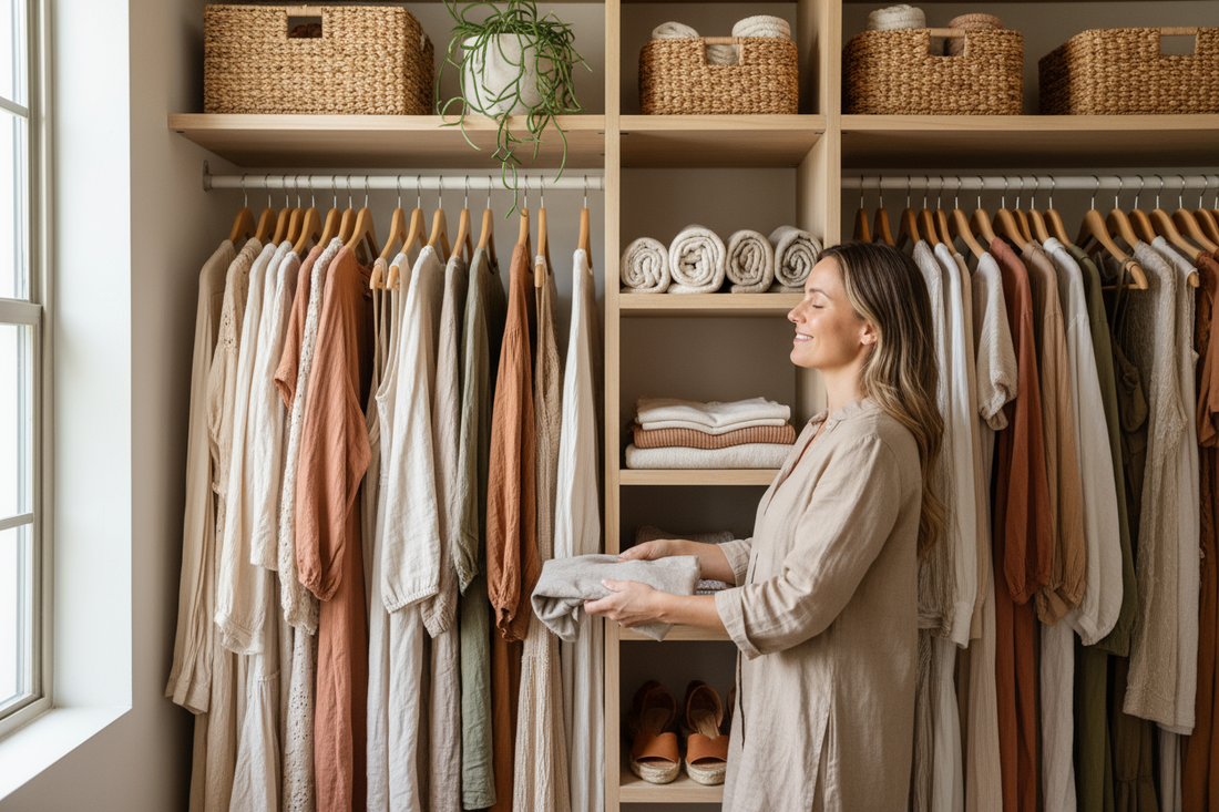 Vrouw die haar kledingkast ordent en rust vindt in haar hoofd – Rust in je kast met Ilse