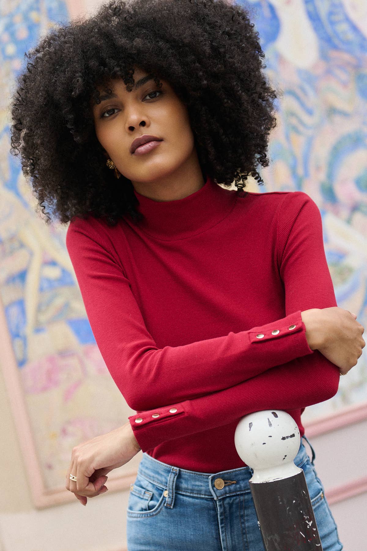 Geribbelde katoenen trui met opstaande kraag