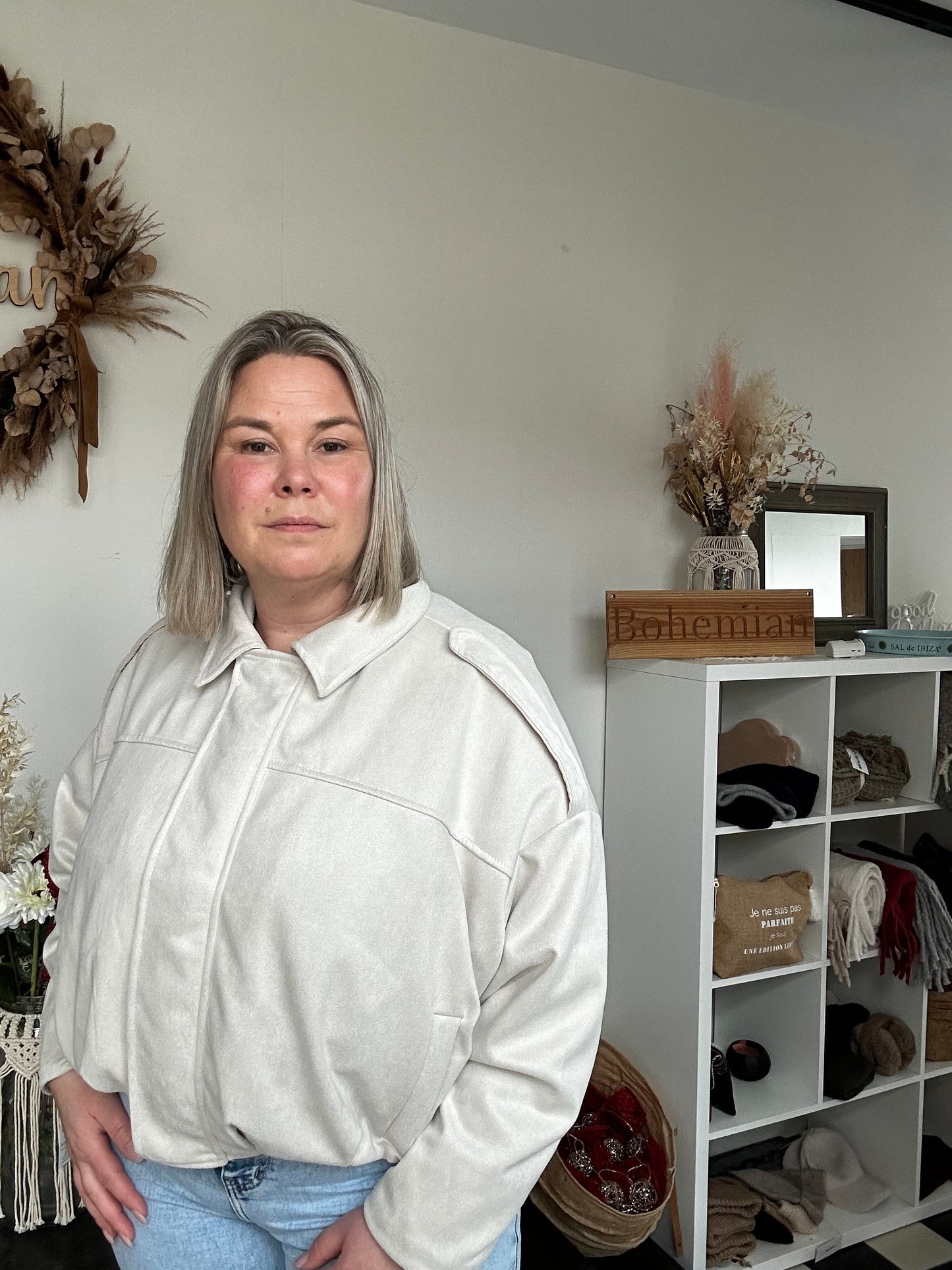 Oversized Ecru suede look bomber