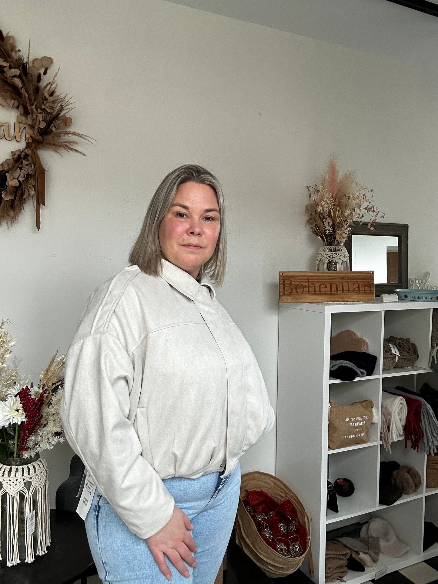 Oversized Ecru suede look bomber