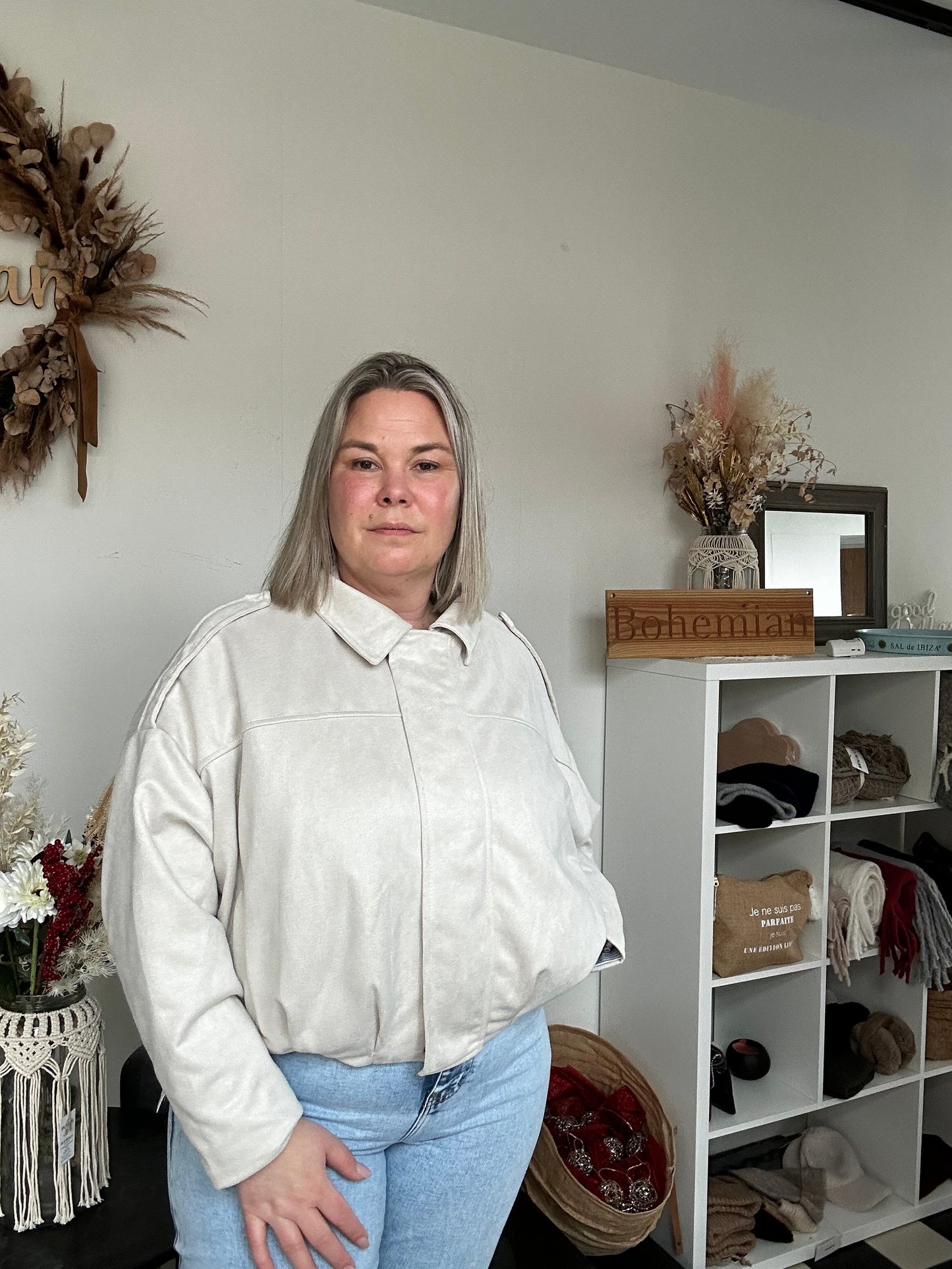 Oversized Ecru suede look bomber