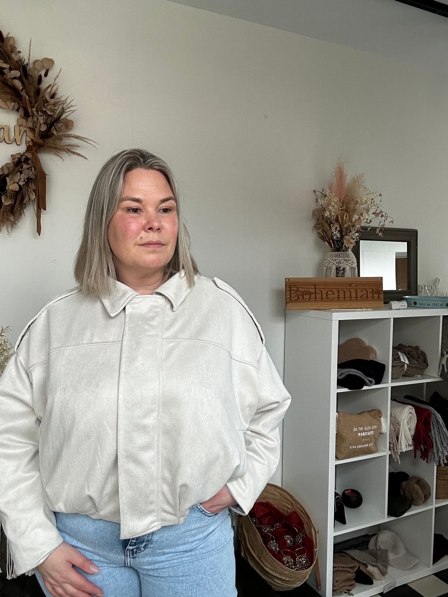 Oversized Ecru suede look bomber