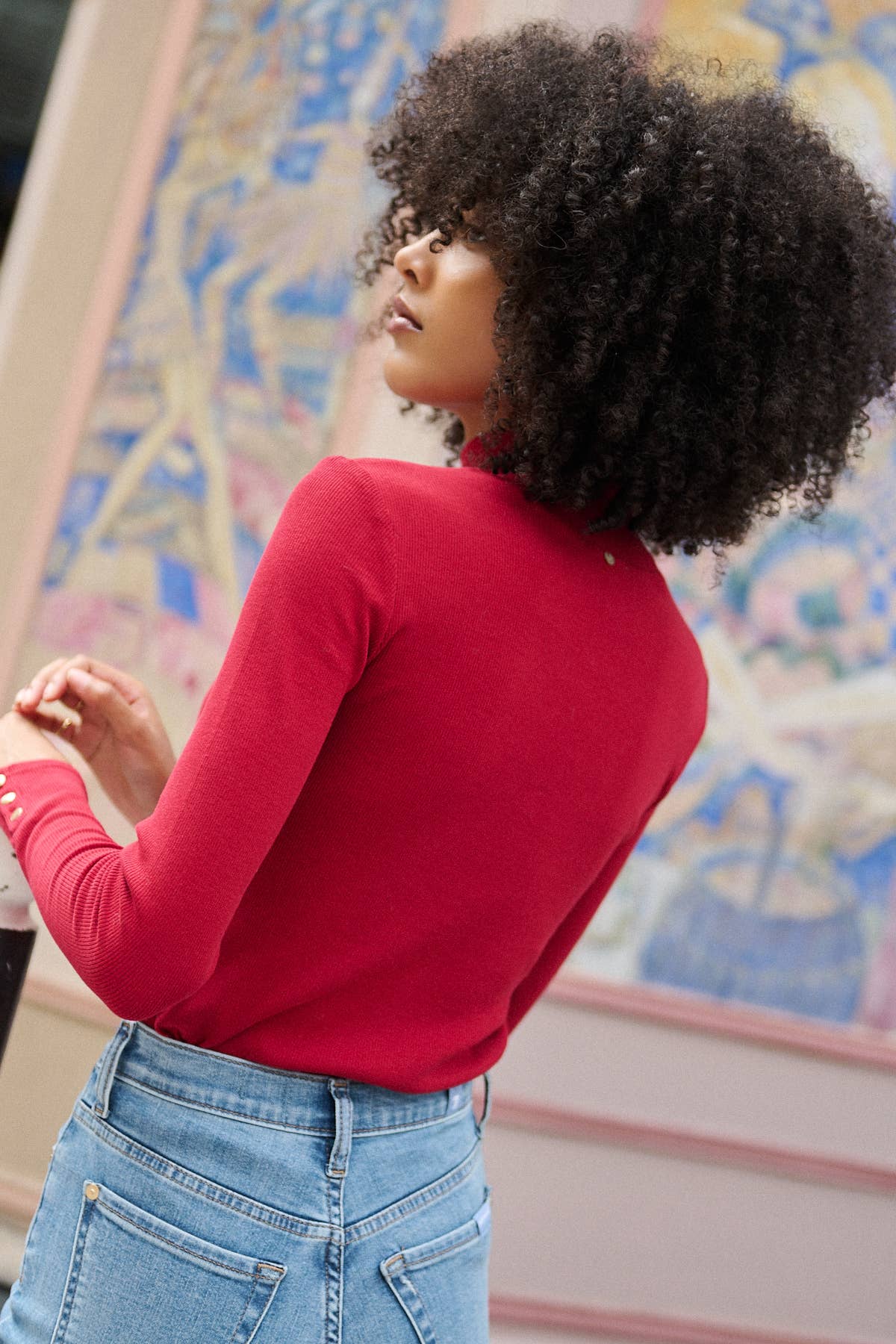 Geribbelde katoenen trui met opstaande kraag