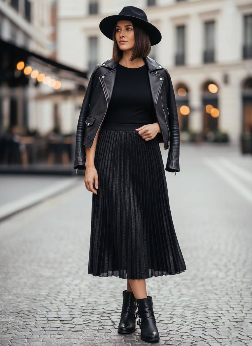 Metallic black geplooide rok