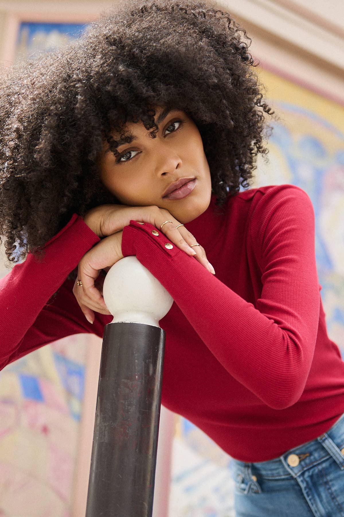 Geribbelde katoenen trui met opstaande kraag